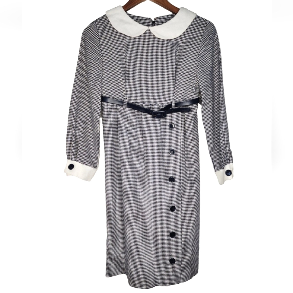 1960s Bryant 9 LTD Houndstooth Wool Vintage Dress in Navy and White Size 0